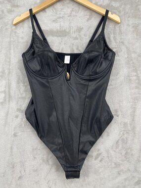 Popilush Shapewear Faux Leather Plunging V Sculpting Corset Bodysuit